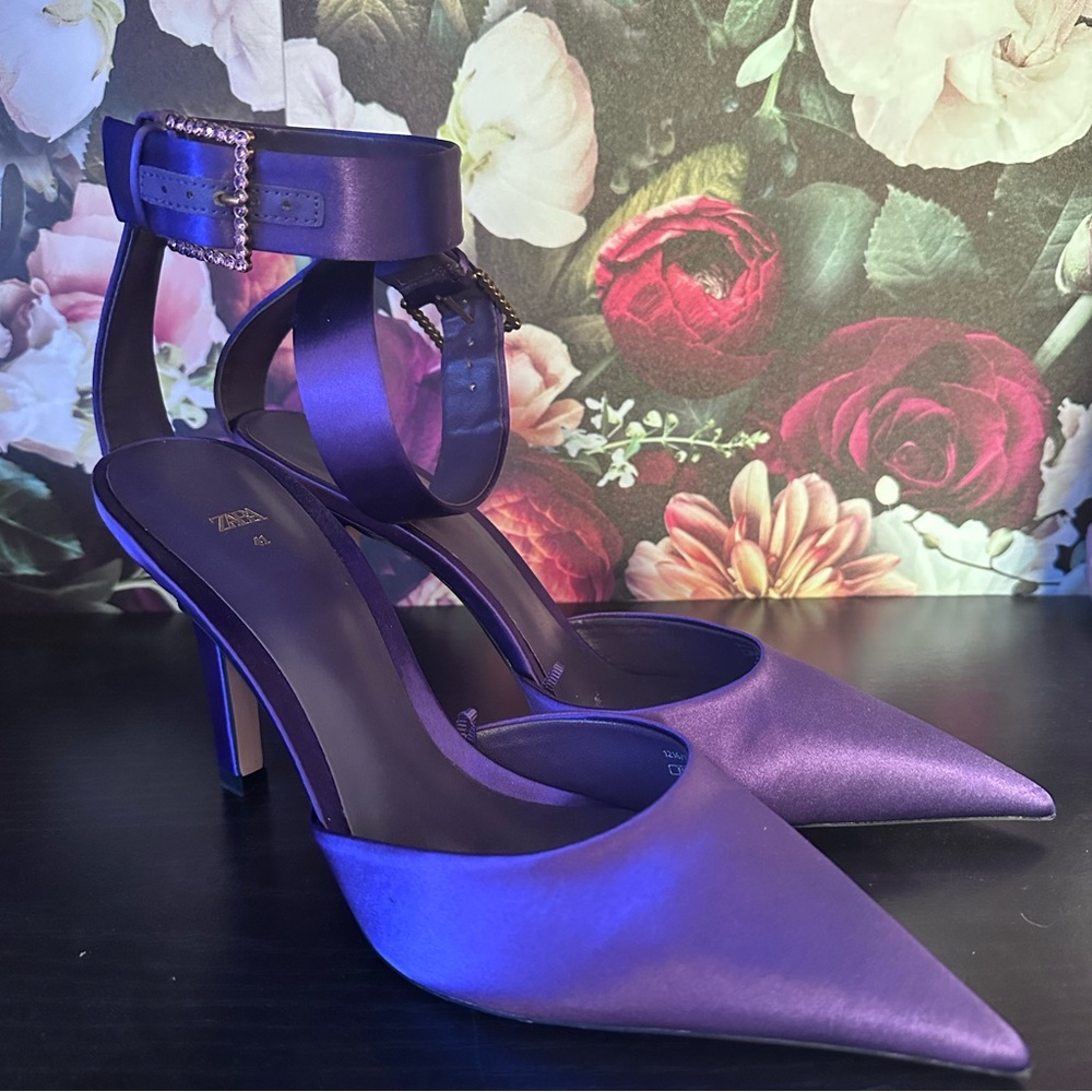 Zara Purple Satin Rhinestone Ankle Strap Pump